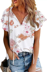 LOVEMI - Lovemi - Women's Casual Short-sleeved Loose Print V-neck