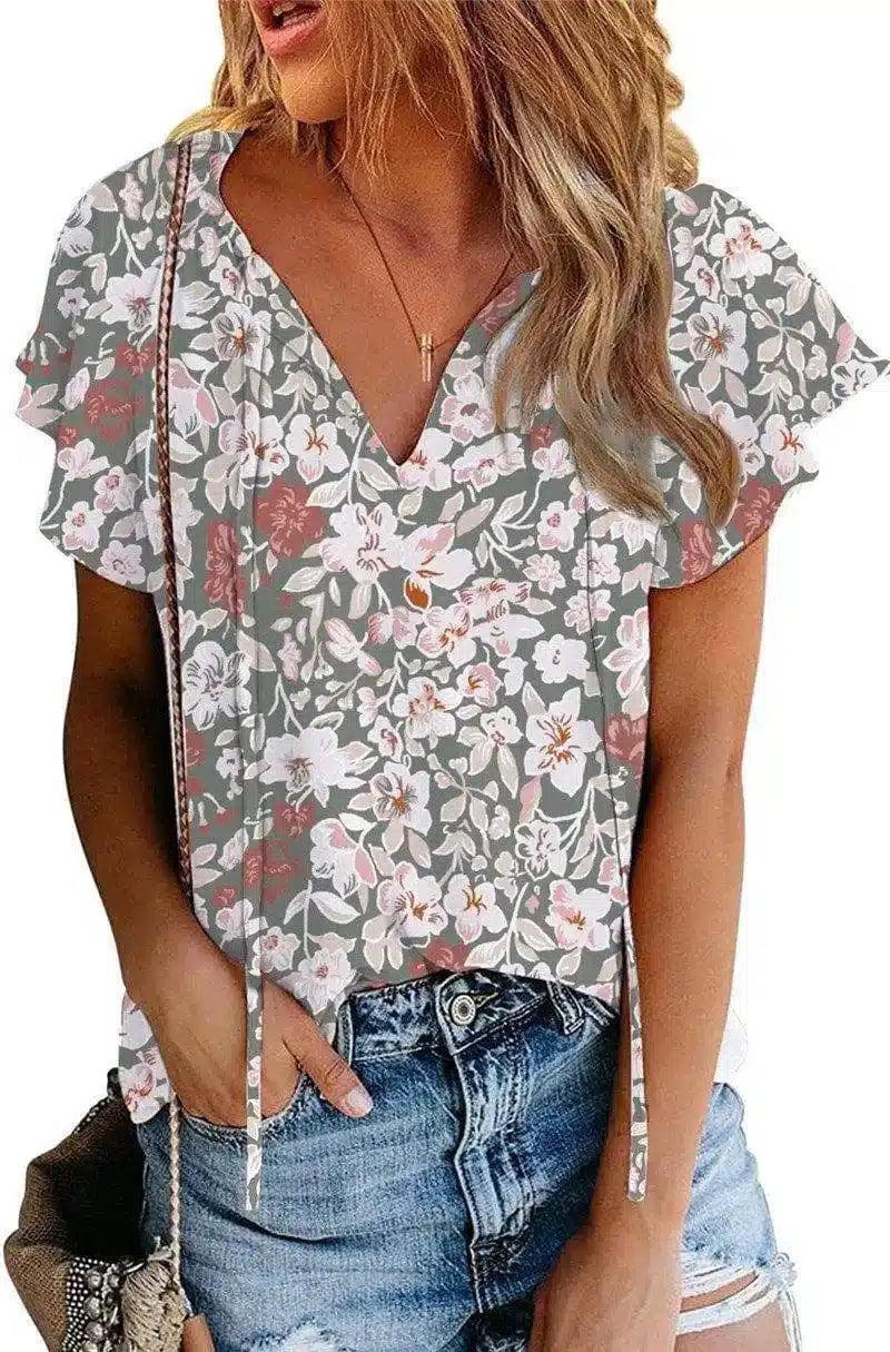 Floral V-Neck Women's Casual Blouse-Lavender Mist-7