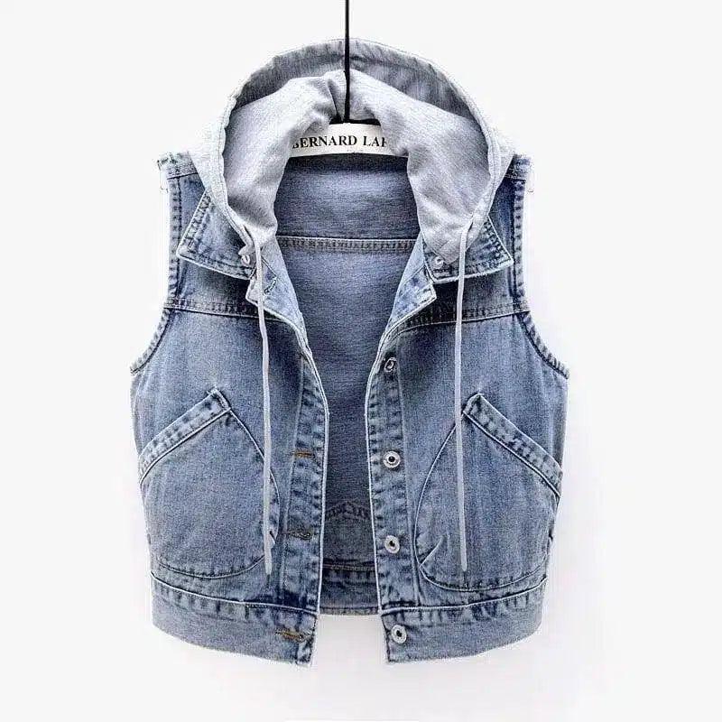 Fitted Denim Vest for Women with Hoodie-Light Blue-2