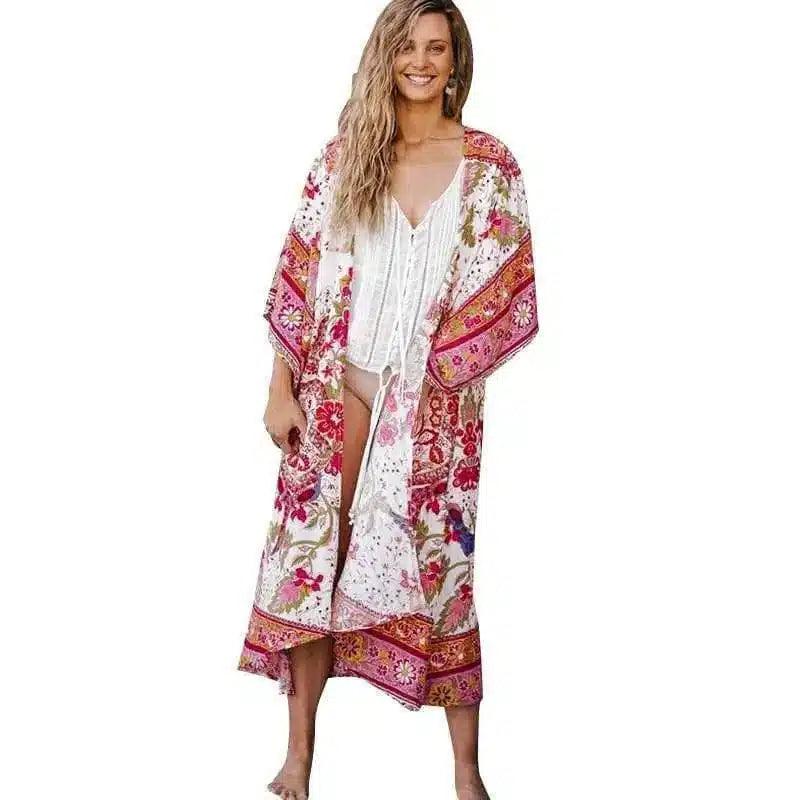 Bohemian Style Lightweight Kimono Cardigan-white red-2