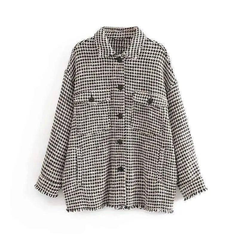 Women's Tweed Button-Up Jacket with Pockets-Black and white-1