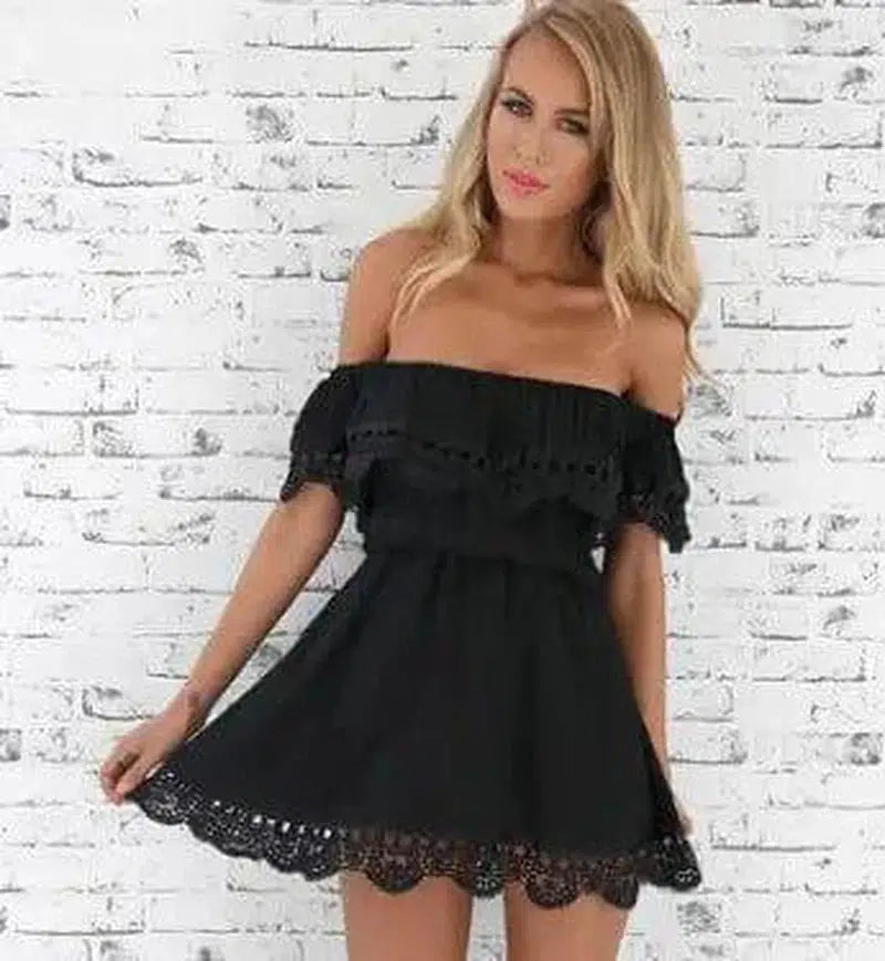 Women's Off Shoulder Lace Dress-Black-14