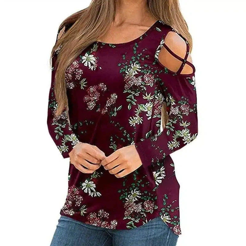 LOVEMI - Lovemi - Women's Printed Long Sleeve Off Shoulder T-Shirt