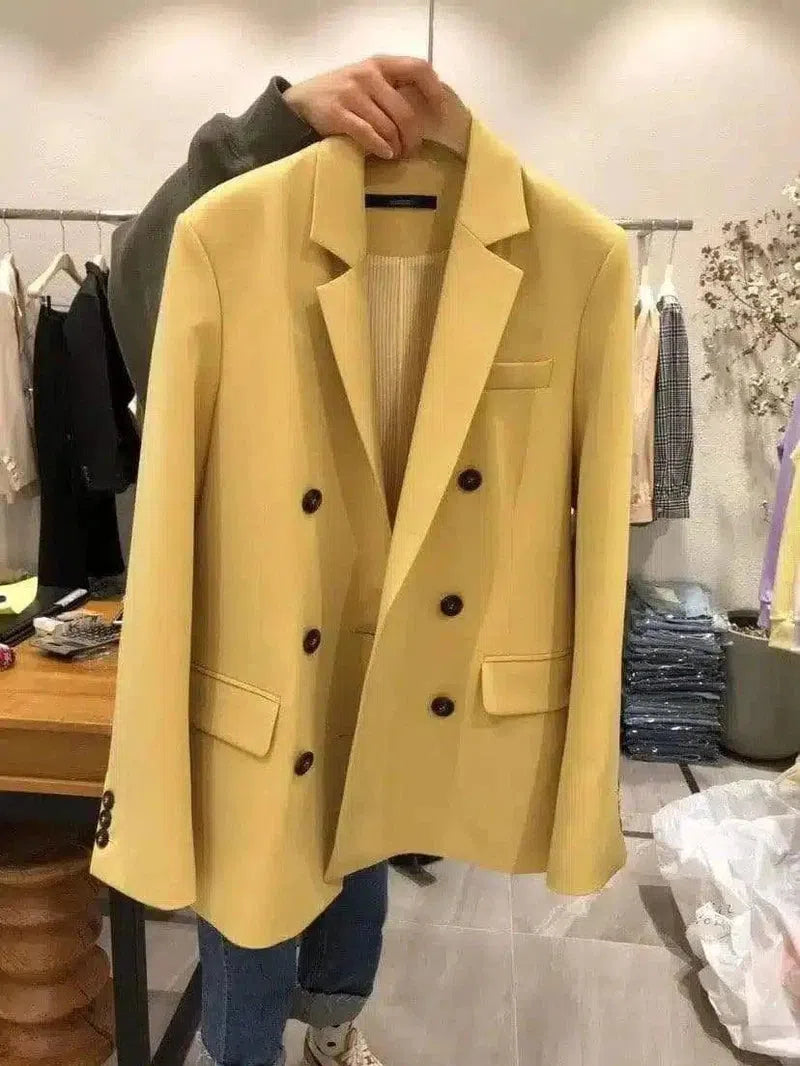 Men's Double-Breasted Tailored Blazer Jacket-Yellow-2