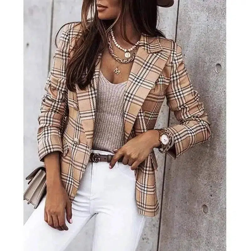 Womens Long-Sleeved Plaid Print Blazer-small grid-3