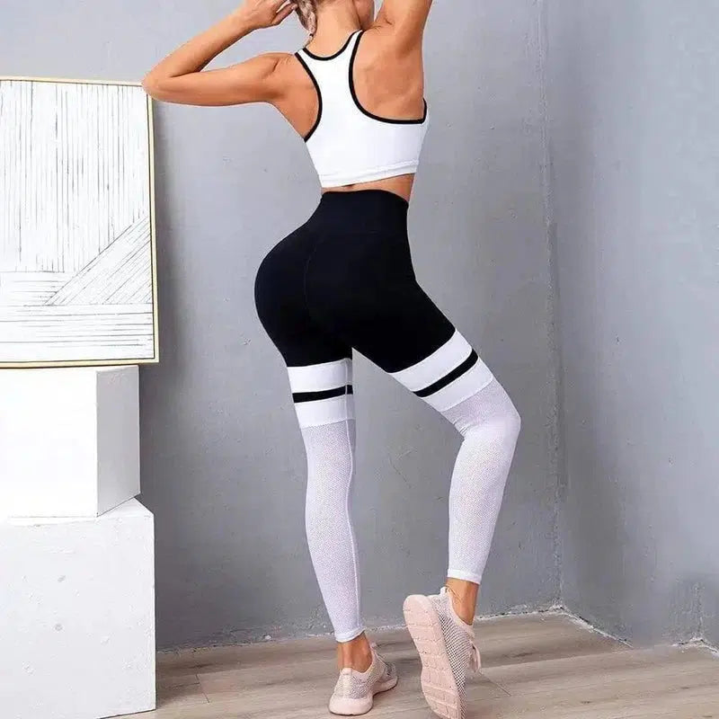 Yoga leggings black and white stitching hip breathable-White suit-2