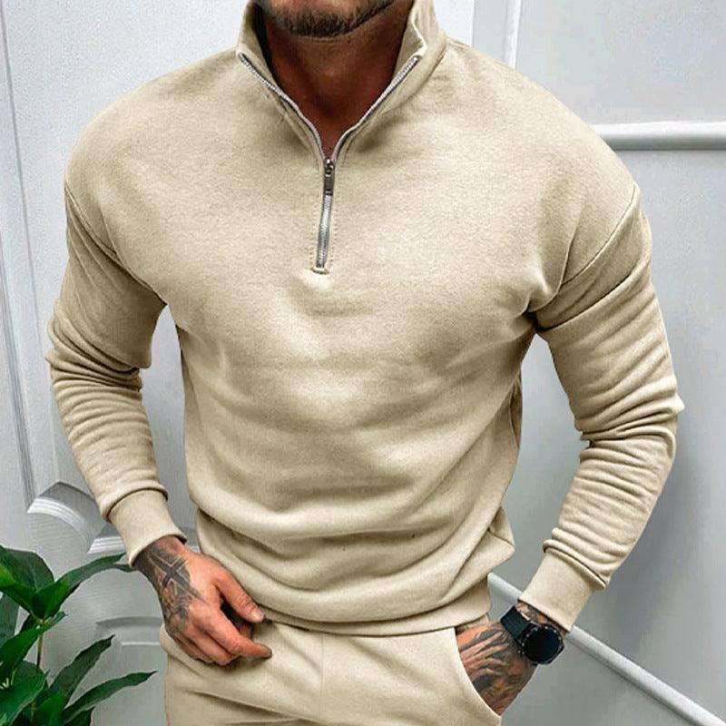 Men's Autumn And Winter Fleece-lined Solid Color Long Sleeve Apricot / XL-Apricot-10