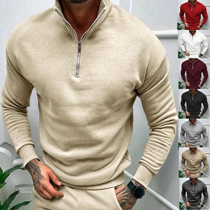 Men's Autumn And Winter Fleece-lined Solid Color Long Sleeve Apricot / XL-1