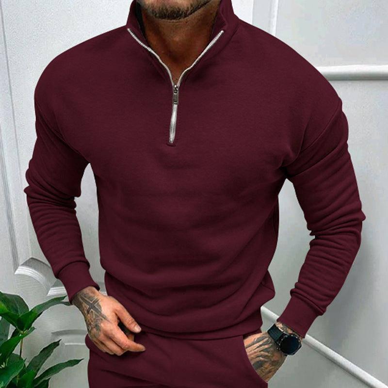 Men's Autumn And Winter Fleece-lined Solid Color Long Sleeve Apricot / XL-Wine Red-6