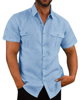 Men's Button Short Sleeve Shirt Summer Casual Double Pocket-Light blue-4