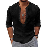 Men's Casual Loose Button Cotton Round Neck Shirt-Black-2