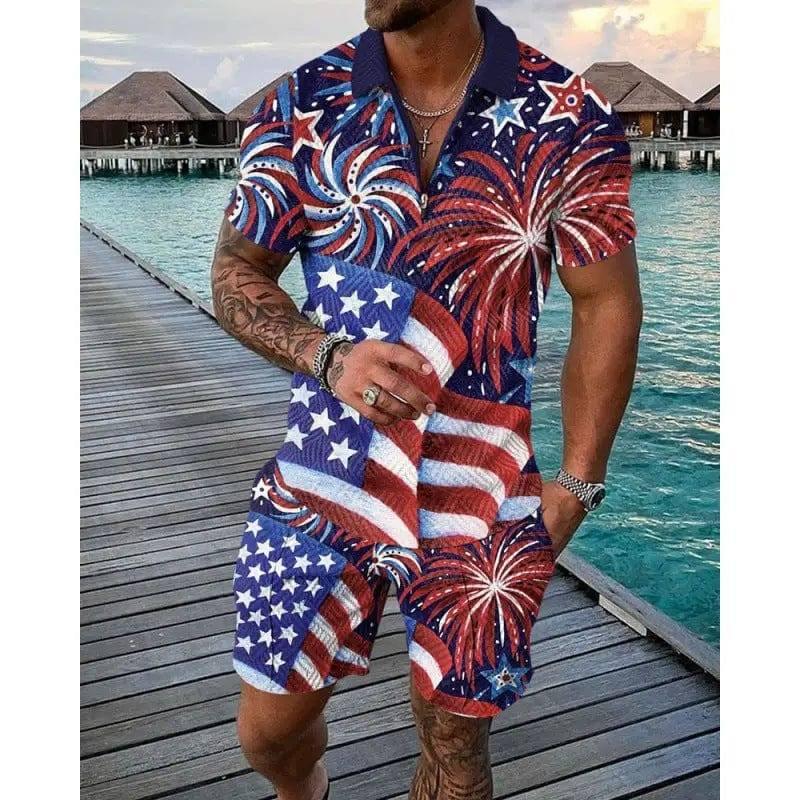 Men's Fashion Flag Print Lapel Zipper Two-Piece Suit-P4-4