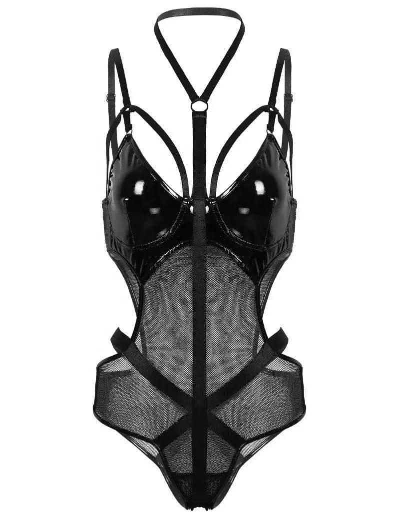 Faux Leather PU Hollow Halter One Piece Lingerie-Black-2