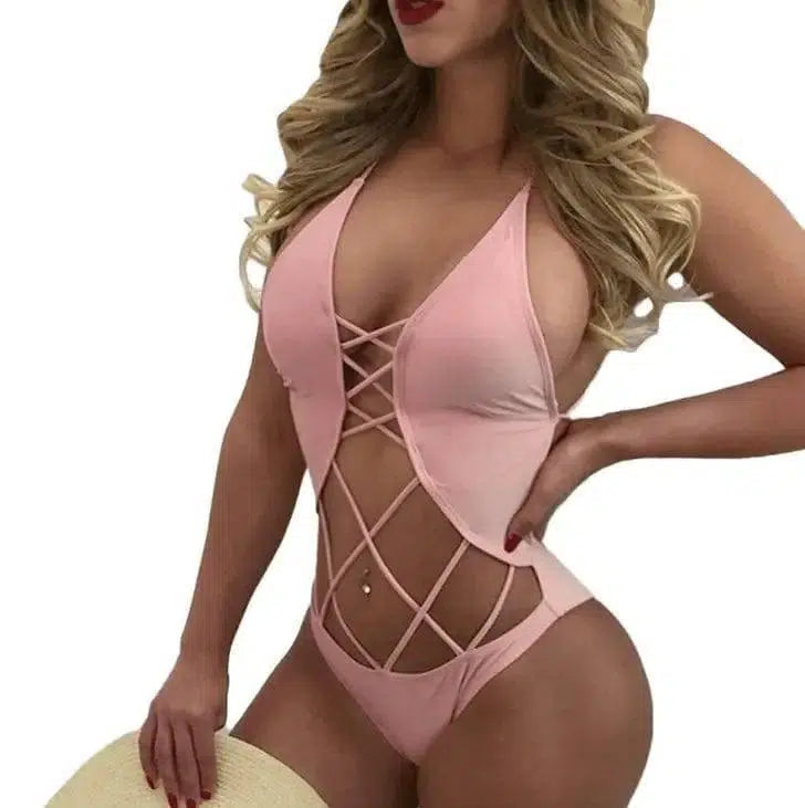 Mesh sexy backless one-piece bikini-Pink-5