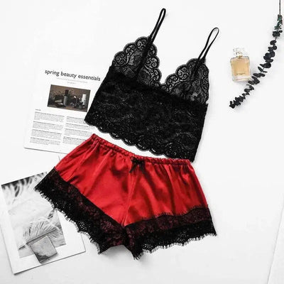 Midnight Charm Lingerie Lace Home Set-Red-3