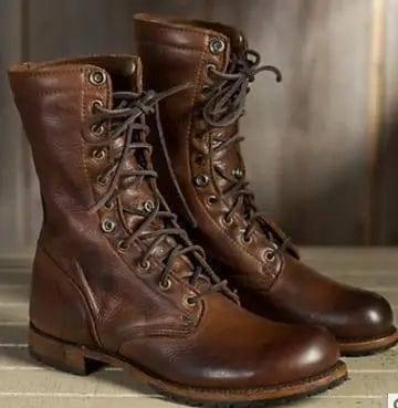 Motorcycle Boots Women Men Retro Lace-Up Combat Boot Low-Brown Womens-2