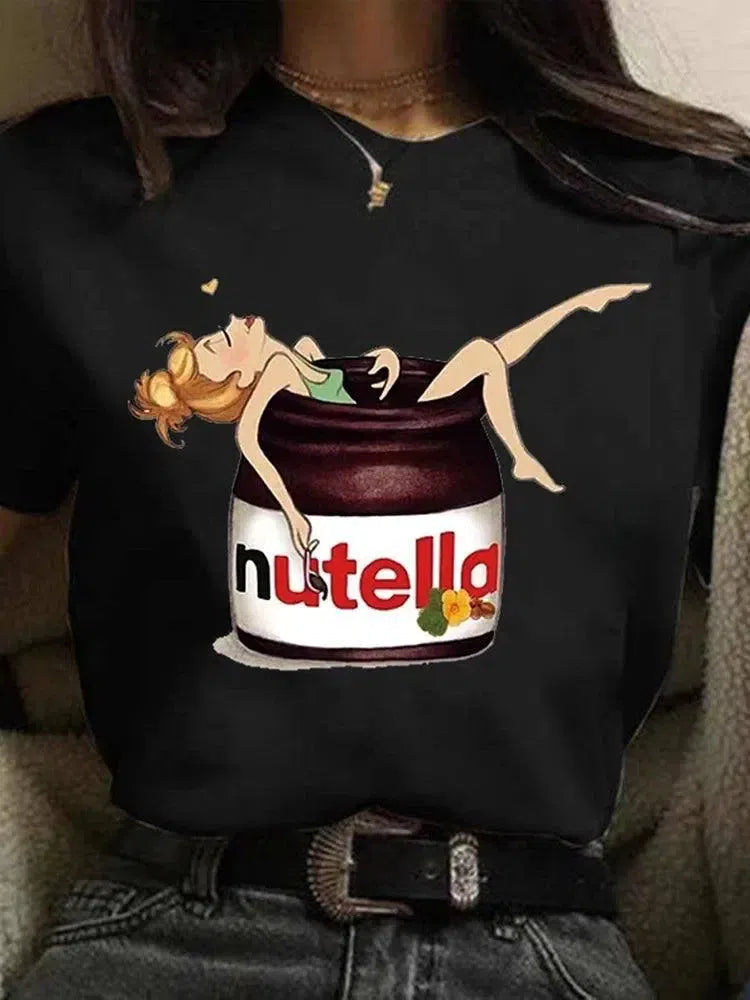 New Nutella Print T Shirt Women 90s Harajuku Kawaii Fashion-Black-4