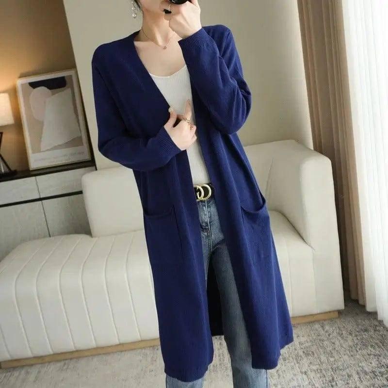 No Buckle Lazy Wind Fashion Long Cardigan Knitted Coat Women-Navy Blue-8