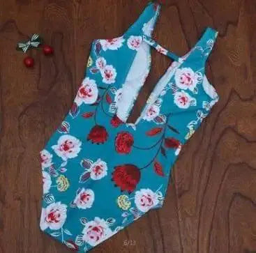 One-piece Swimsuit, Flower Swimsuit,-Blue-4