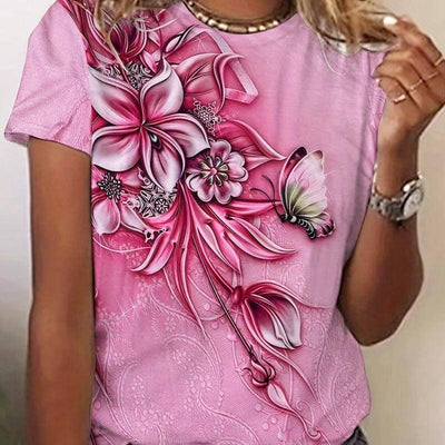 Pattern Round Neck T-shirt Leisure Short Sleeve-Pink-3