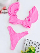 Personality Solid Color Ruffle Swimsuit Female Sexy Bikini-Pink-2