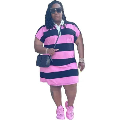 HLJ&GG Fashion Casual Stripe Print Mini Dress Plus Size Women Clorthing Female Turn-Down Button Dresses Vestidos 2022 Summer New-pink-8