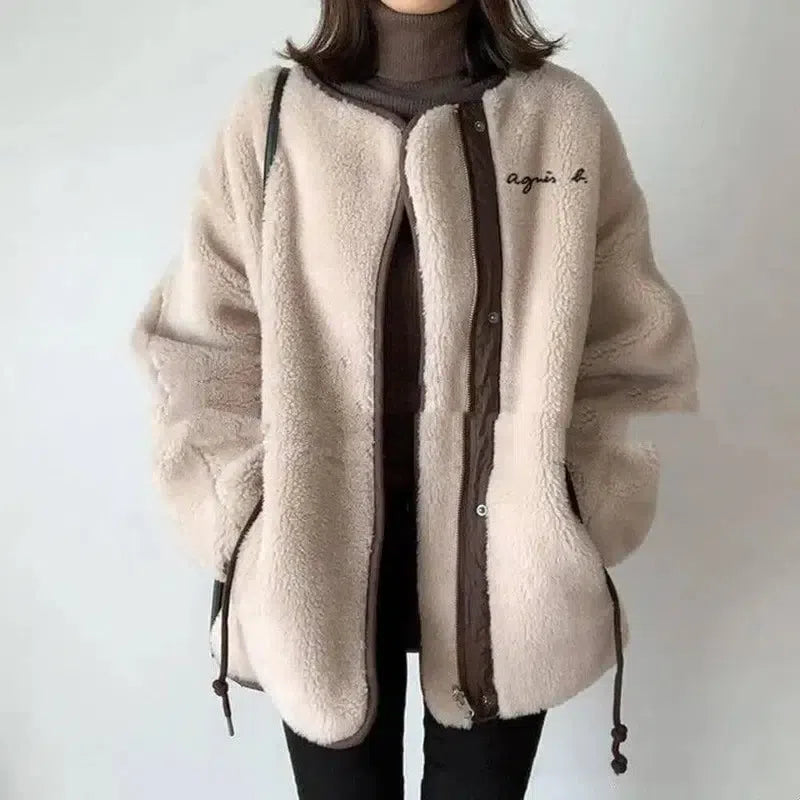 Plush Stitching Round Neck Zipper Loose Long Sleeve Fashion-3