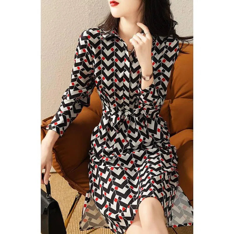 Printed Long Sleeve Dress Women's Waist-2