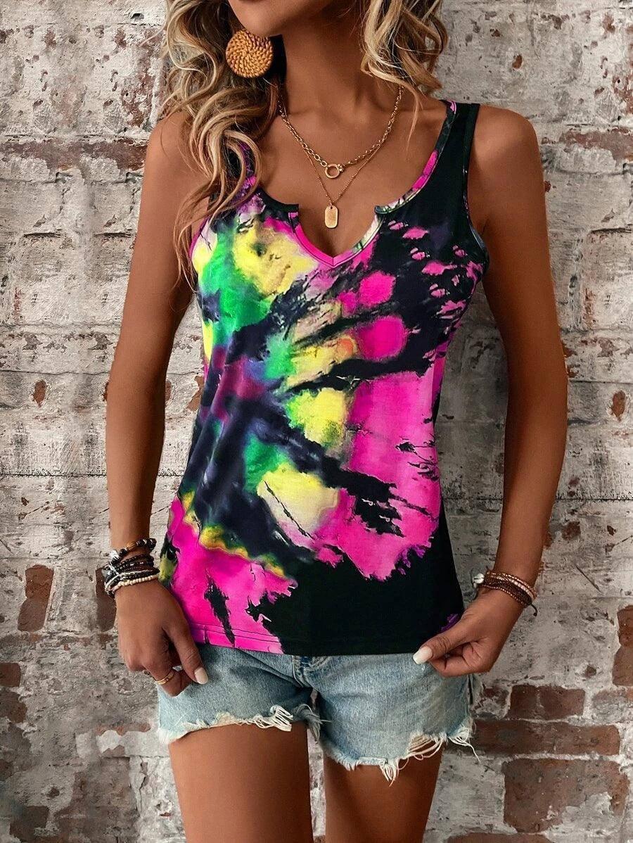 Printed Painted V-neck Open Vest Top-Rose Red-11