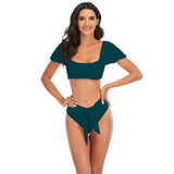 Puff Sleeve One-Line Neck Swimsuit High Waist Tie Bikini-Teal-6