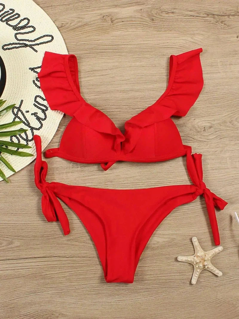 Pure Color Split Flashing Bikini European And American-Red-5