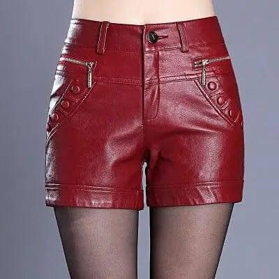 Retro high waist slim slim straight casual pu leather shorts-2