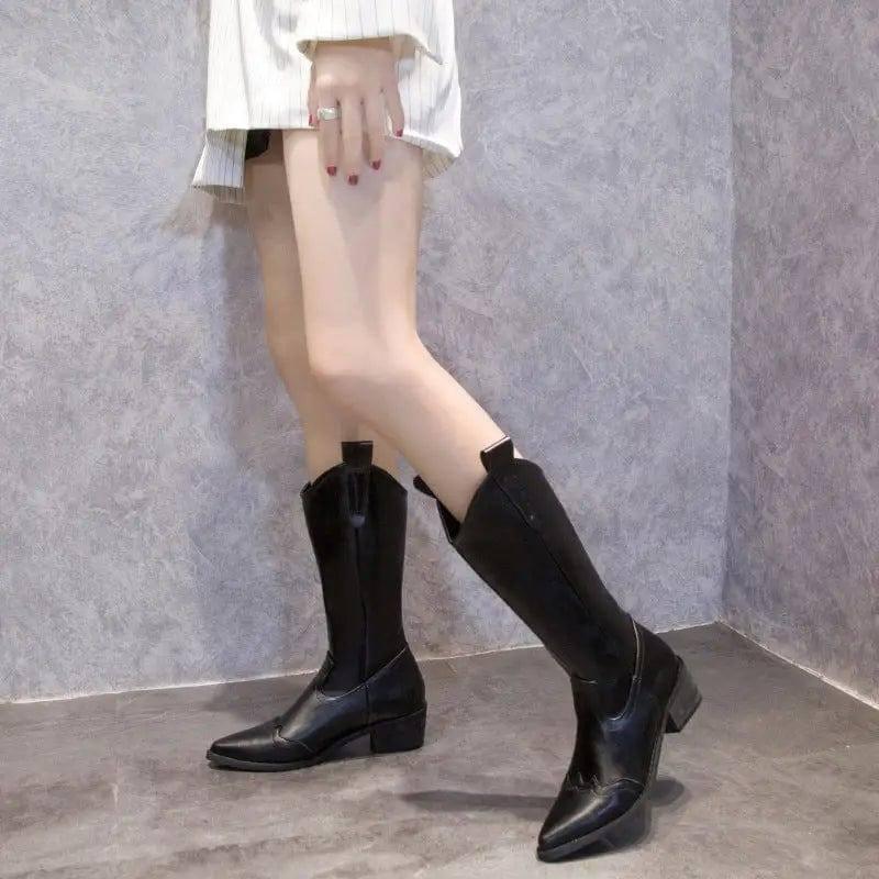 Retro Pointed Toe Thick Heel High Boots Women-2