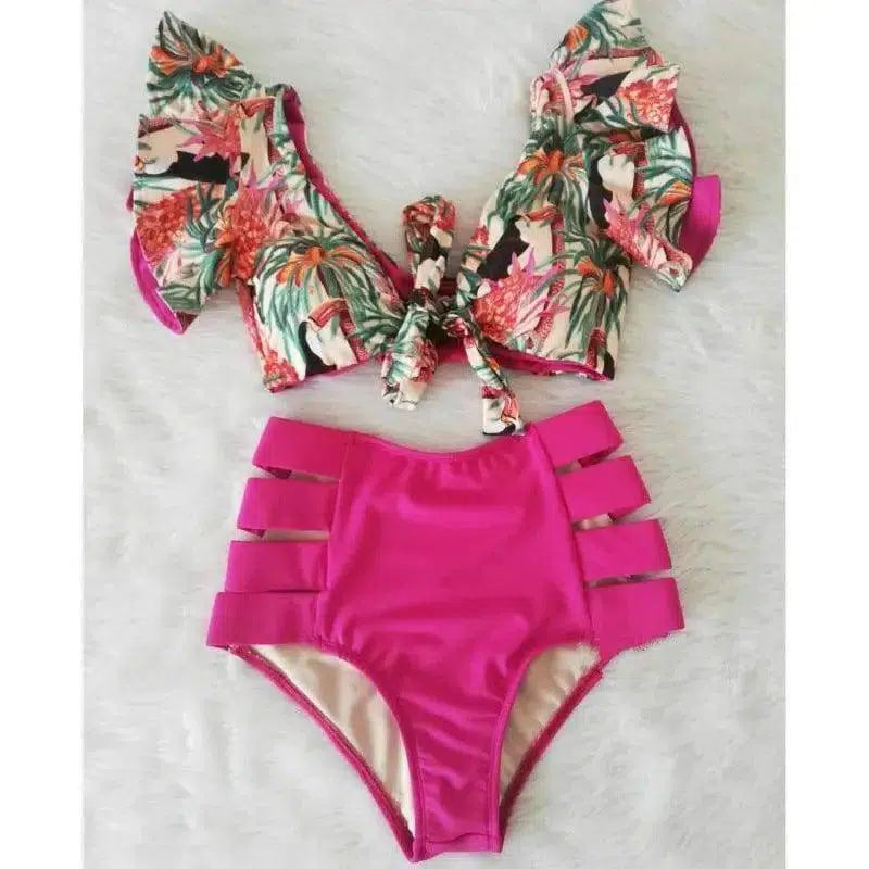 Ruffled Bikini Split Swimsuit European And American-RoseRed-2