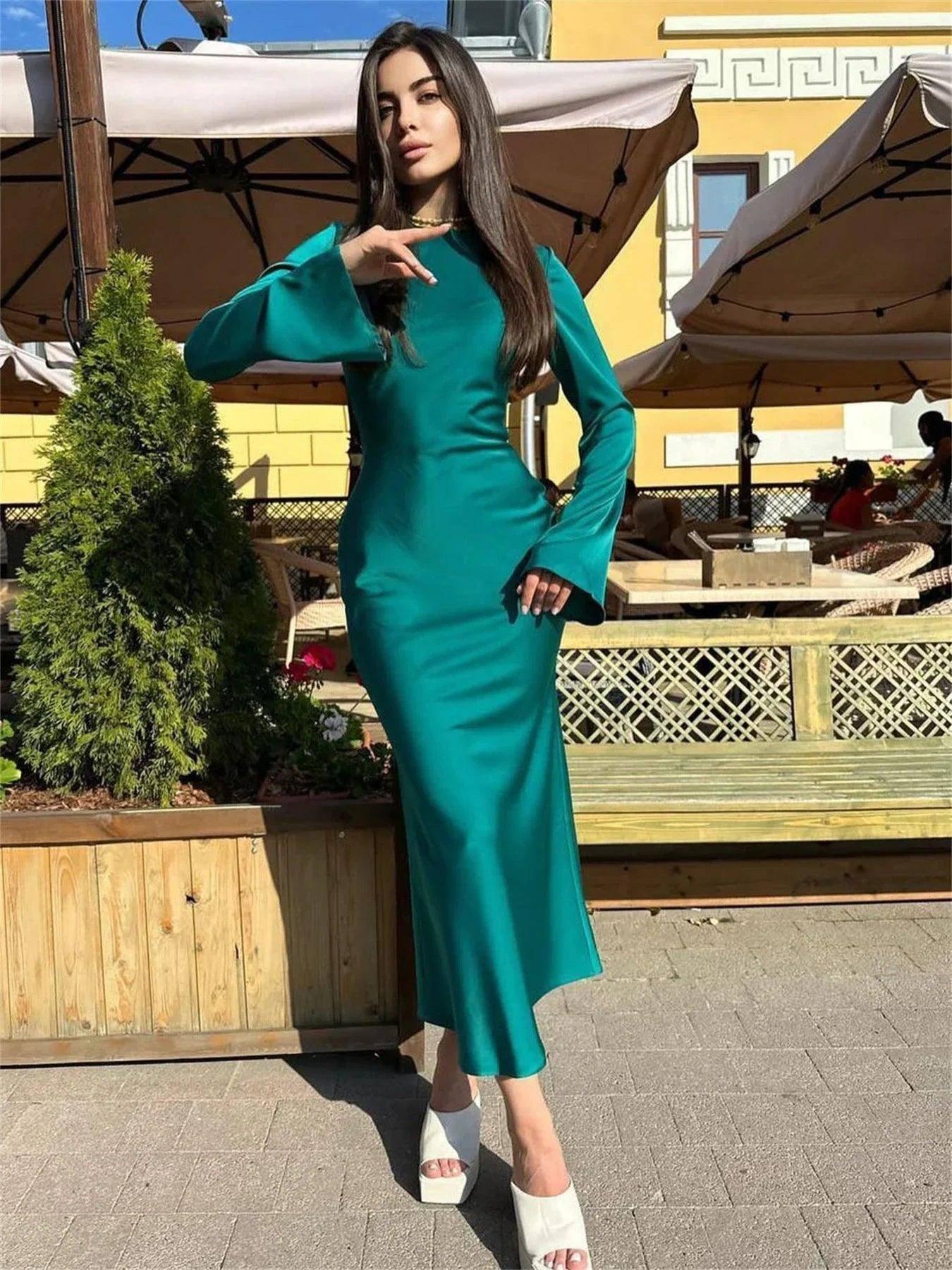 Satin Slim Maxi Dress - Elegant Long Sleeve Autumn Wear-Dark Green-5