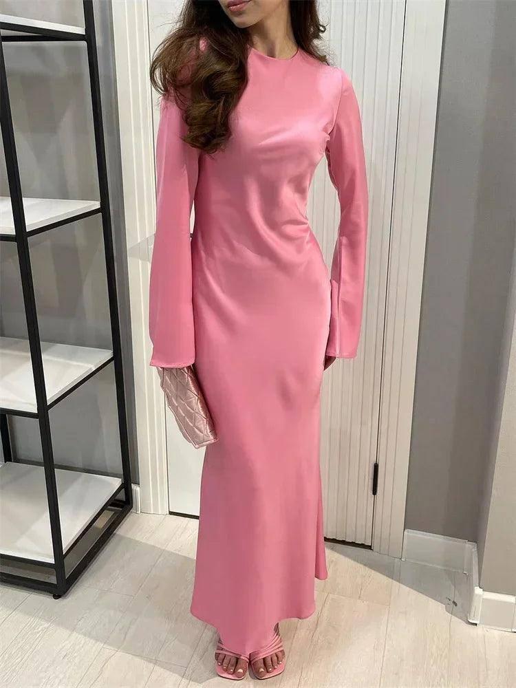 Satin Slim Maxi Dress - Elegant Long Sleeve Autumn Wear-Pink-7