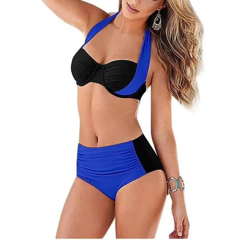 Sexy Bikini High Waist Swimsuit Women Halter-Blueblack-3