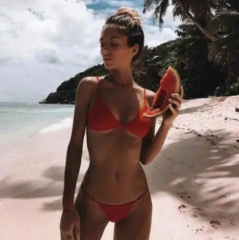 Bikini Swimsuit Ladies Thong Solid Color Plus Size-Red-5