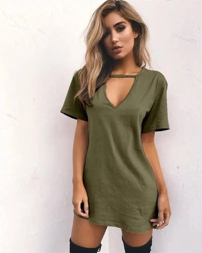 deep V short-sleeved T-shirt loose casual dress-MilitaryGreen-30