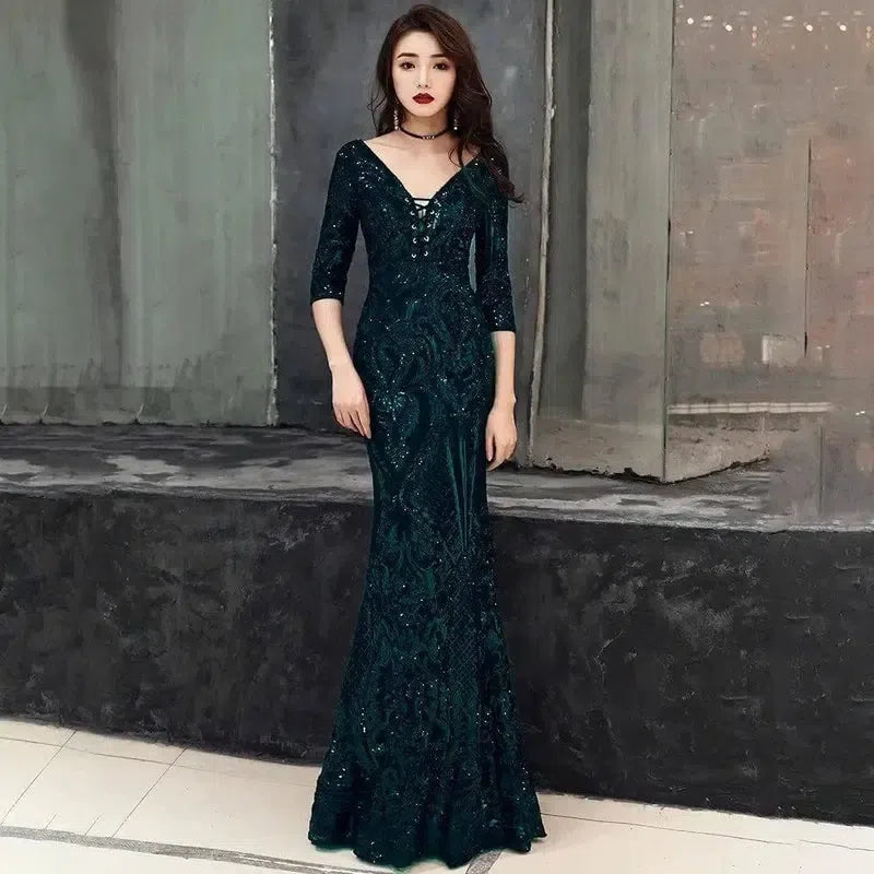 fishtail dress in sequined evening dress-Dark green-4