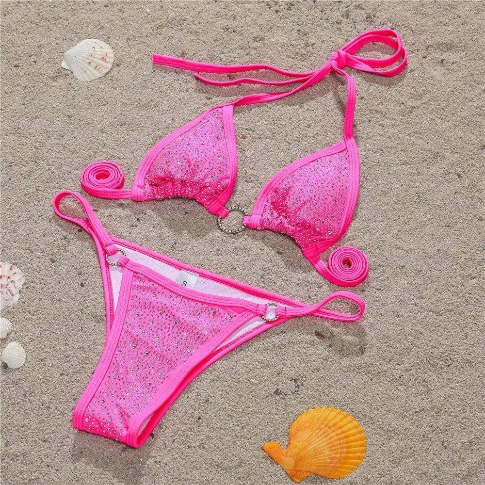 Sexy Lace up Bikini Diamond Swimsuit Split Swimsuit-Pink-5