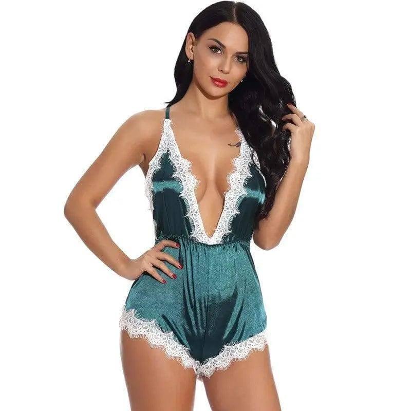 Sexy Lingerie Satin Lace Sexy Pajamas Back Cross Stretch-Green-2