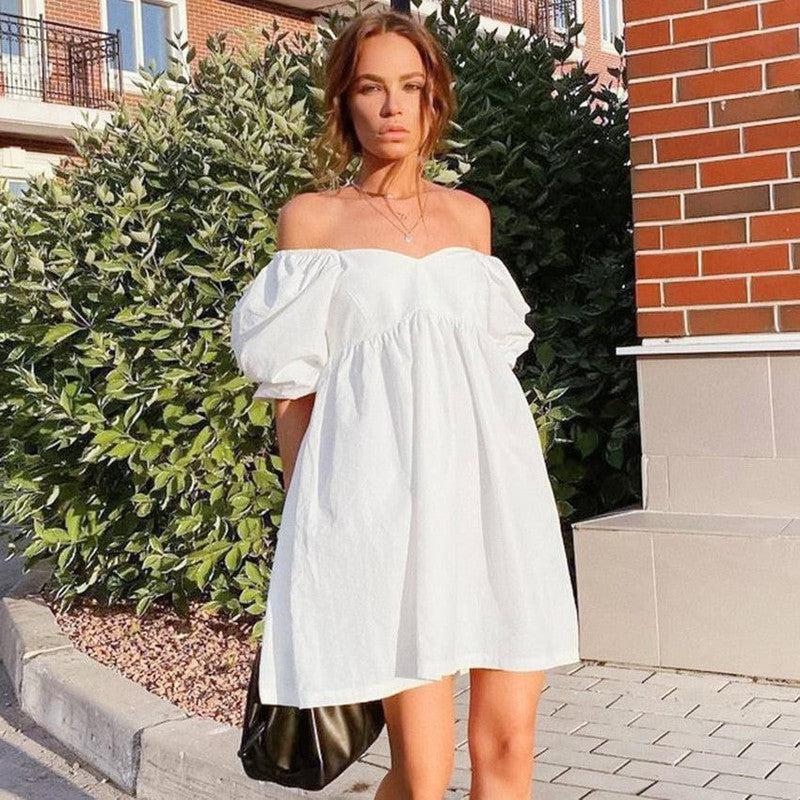 Off Shoulder White Women Dress Cotton Big Puff Sleeve-1