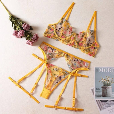 See-Through Yellow Garden Floral Bra Garter Belt Thong-Yellow-5