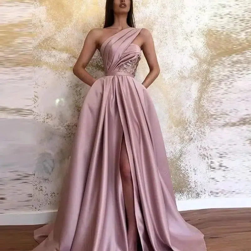 Sexy Slit Slanted Shoulder Dress Long Skirt Evening Dress-5