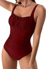 Square Neck One-piece Bikini Summer New Solid Color-WineRed-13