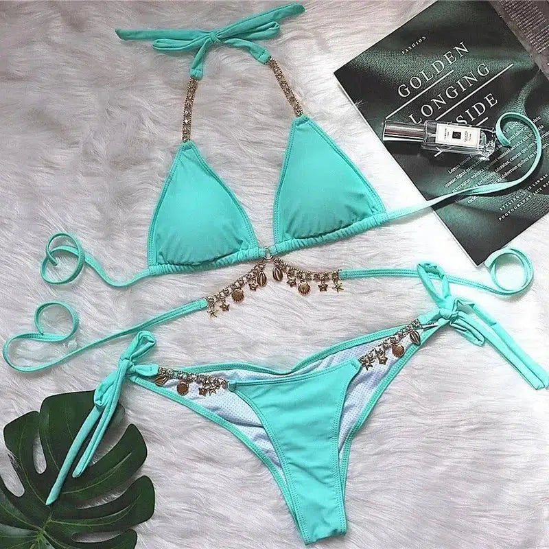 Strappy Plain Female Split Crystal Diamond Bikini-Green-3