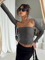 Sexy Tube Top Cinched Waist T-shirt Long Sleeve Tight-Gray-5