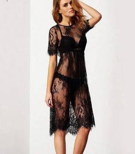 Women Lace Crochet Bikini Swimwear Cover Up Beach Dress-Black-2