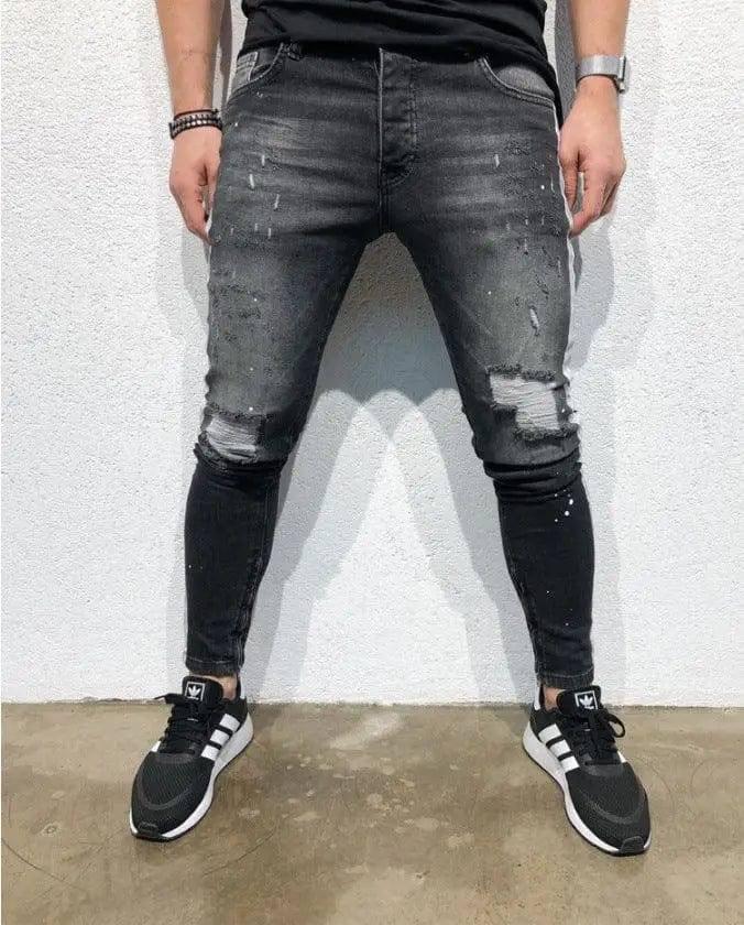 Shredded feet jeans side print jeans men-S-1